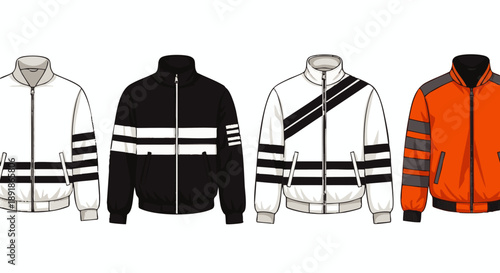 Four jackets with reflective strips in white black and orange