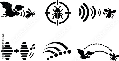 Image Generation. Solid style icons of hunting via echolocation: chasing bat, target insect, rapid pulse bursts, Doppler-shift