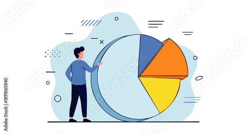 Man in blue shirt standing next to large pie chart with blue orange and yellow sections