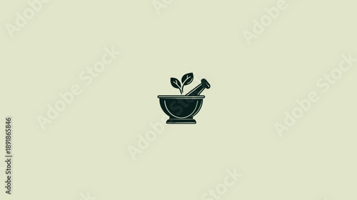 A simple, black-outlined illustration of a mortar and pestle, with leaves, set against a pale background