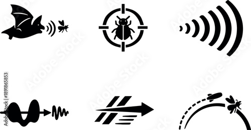 Image Generation. Solid style icons of hunting via echolocation: chasing bat, target insect, rapid pulse bursts, Doppler-shift