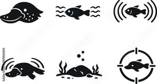 Image Generation. Solid style icons of electric field detection in platypus: electroreceptor pores, weak bioelectric signals,