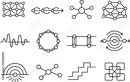 Line style vector icons of cryptocurrency blockchain mining and validation: modulation mesh, transition line, modulation node,