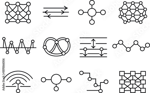 Line style vector icons of cryptocurrency blockchain mining and validation: modulation mesh, transition line, modulation node,