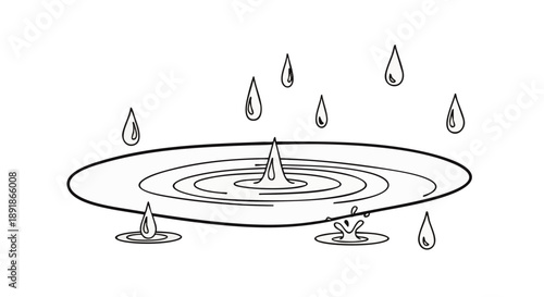 Black and white of water droplets falling into a puddle creating ripples