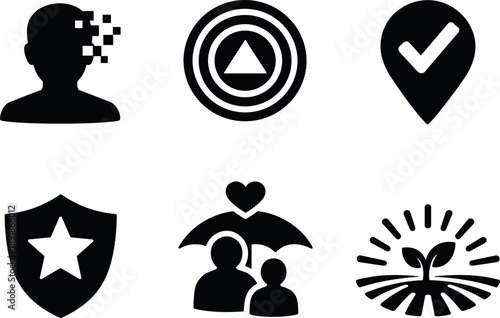 Image Generation. Solid style icons of algorithmic personhood concepts: virtual silhouette, ethical framework rings, consent