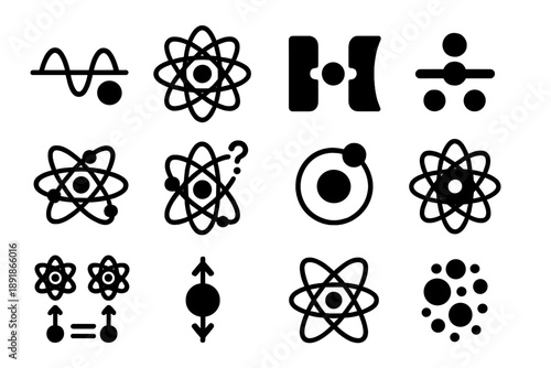 Quantum Science Icons. Solid style icons of Quantum science: wave particle duality, Schrödinger atom, quantum 
