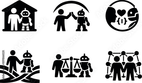 Image Generation. Solid style icons of coexistence between humans and code-born beings: shared space symbol, collaboration arc,