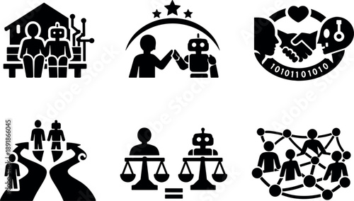 Image Generation. Solid style icons of coexistence between humans and code-born beings: shared space symbol, collaboration arc,