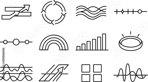 Line style vector icons of calendar schedule planner monthly planning: transition bar, flow ring, resonance stripe, timing line,