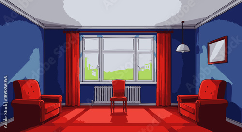Blue room with red furniture and curtains blue walls red chairs red curtains window radiator