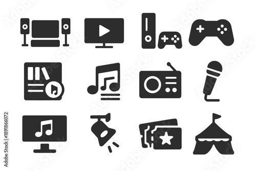 Entertainment Icons Collection. Solid style icons of entertainment: home theater, TV with play, game console, 