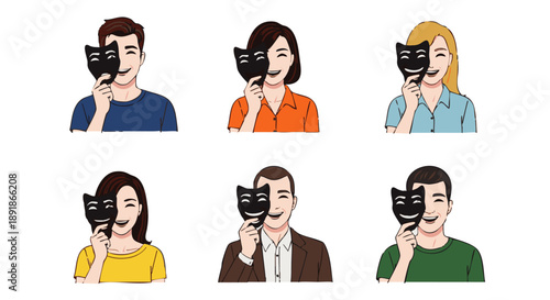 People holding comedy tragedy masks in front of faces women comedy masks