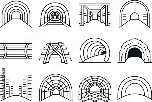 Line style vector icons of underground tunnel: arched tunnel outline, receding perspective lines, support beams tile, dim