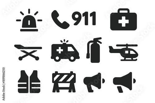 Emergency Response Icons. Solid style icons of emergency response: police siren, emergency call phone, 911 number, 