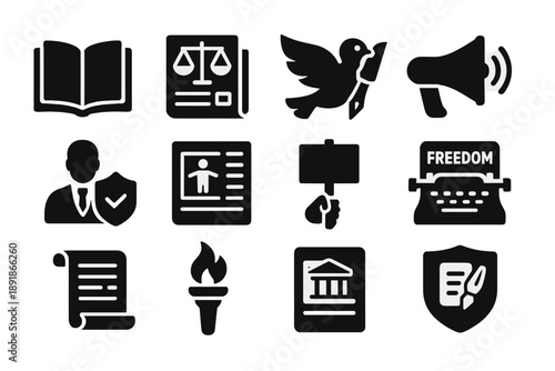 Press Freedom Icons. Solid style icons of press freedom: open book, scales of justice news, peace dove with pen, 