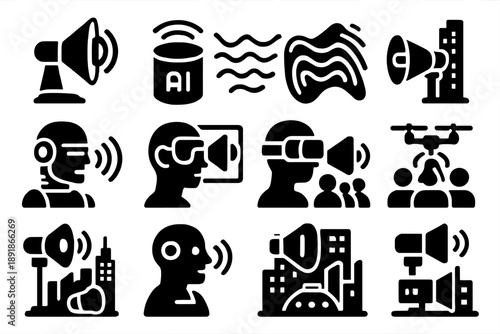 Futuristic Broadcasting Icons. Solid style icons of futuristic announcements: holographic megaphone, AI speaker, 
