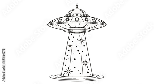 Black and white of a flying saucer landing spaceship alien science fiction