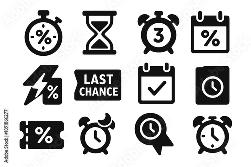 Limited Time Offer Icons. Solid style icons of limited time offers: stopwatch percent, hourglass sale, countdown clock, 