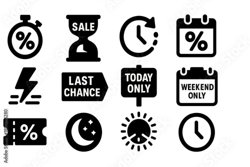Limited Time Offer Icons. Solid style icons of limited time offers: stopwatch percent, hourglass sale, countdown clock, 