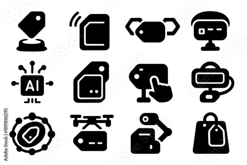 Futuristic Price Icons. Solid style icons of futuristic pricing: hologram price tag, neon glowing label, blockchain value 