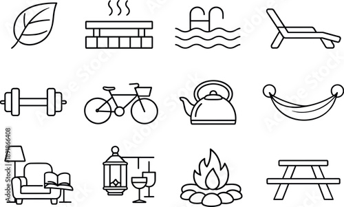 Line style vector icons of amenities: spa leaf outline, sauna tile, pool ripple arc, lounge chair line, gym dumbbell contour,