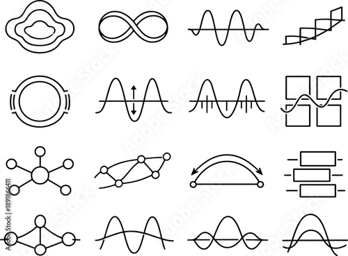 Line style vector icons of data visualization line charts: amplitude contour, loop ring, wave line, transition band, interval