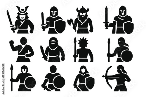 Warrior Icon Collection. Solid style icons of warriors: samurai warrior, armored fighter, barbarian warrior, knight warrior, 