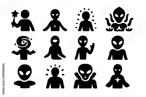 Intergalactic Beings Icons. Solid style icons of intergalactic beings: star traveler, cosmic entity, glowing silhouette, alien god,