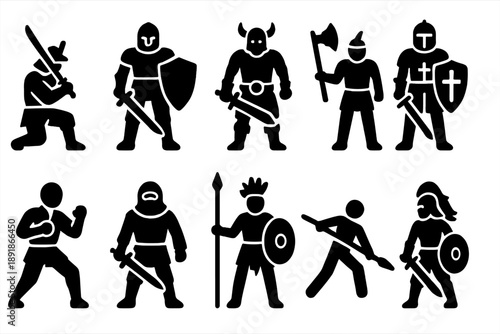 Warrior Icon Collection. Solid style icons of warriors: samurai warrior, armored fighter, barbarian warrior, knight warrior