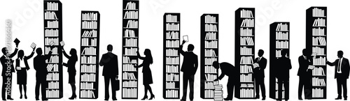 Black silhouette of professional people and business workers organizing books on tall library bookshelves for education knowledge and corporate learning,