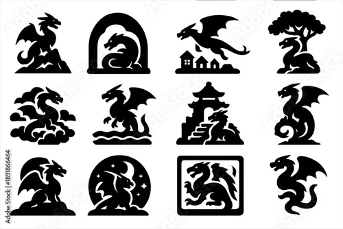 Dragon Icon Collection. Solid style icons of dragon legends: dragon on mountain, dragon in cave, dragon flying over ent background, Solid style
