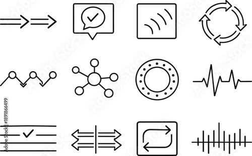 Line style vector icons of payment processing transaction flow: flow line, feedback tile, signal tile, flow ring, variation line,