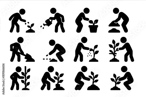 Gardening Icons Collection. Solid style icons of Gardening actions: sowing seeds, watering sprout, planting pot, covering soil,