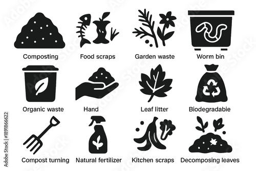Composting Icons Collection. Solid style icons of Composting: compost pile, food scraps, garden waste, worm bin, organic bin