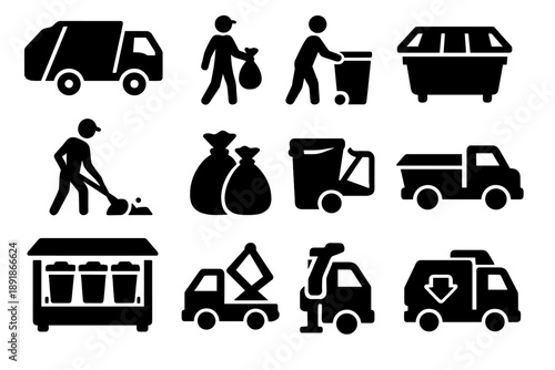 Trash Collection Icons. Solid style icons of Trash collection: garbage truck, waste collector, bin pickup, street cleanup, trash bags, dumpsters