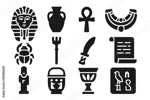 Ancient Egypt Artifacts Icons. Solid style icons of Ancient Egypt artifacts: golden mask, pottery jar, amulet, jewelry, scarab, scepter, ceremonial 