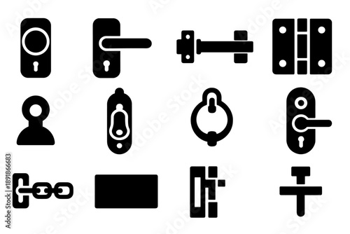Solid Door Hardware Icons. Solid style icons of Door furniture: doorknob, handle, latch, hinge, peephole, doorbell, door knocker, lockset, chain