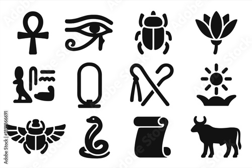 Egyptian Symbol Icons. Solid style icons of Egyptian symbols: ankh, eye of Horus, scarab beetle, lotus flower, hieroglyphs, cartouche, crook and flail, sun disk, winged scarab, cobra, papyrus scroll