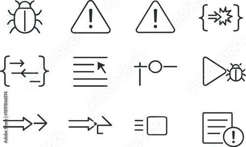 Line style vector icons of coding programming error and debugging symbols: bug icon, error alert, warning triangle, exception