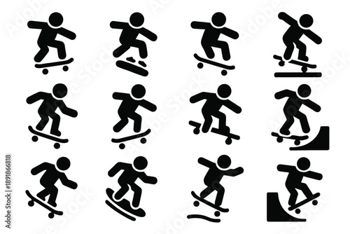 Skateboarding Trick Icons. Solid style icons of Skateboarding tricks: ollie, kickflip, heelflip, grind, manual, shove-it, board slide, nose slide