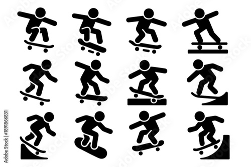 Skateboarding Trick Icons. Solid style icons of Skateboarding tricks: ollie, kickflip, heelflip, grind, manual, shove-it, board slide, nose slide, drop-in, carve, aerial, ramp 