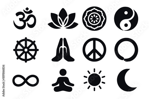Yoga Symbol Icons. Solid style icons of Yoga and meditation symbols: Om symbol, lotus flower, mandala, yin-yang, chakra wheel, prayer hands, peace symbol, zen circle, 