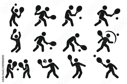 Tennis Action Icons. Solid style icons of Tennis actions: serve, volley, backhand, forehand, smash, slice, drop shot, lob, rally, spin, overhead, return No text, No labels, isolated 