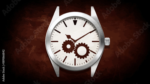 A metallic wristwatch illustration with gears on the clock face, dark brown textured backdrop