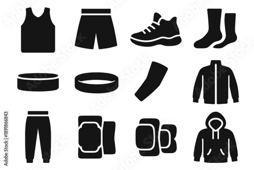 Basketball Apparel Icons. Solid style icons of Basketball apparel: jersey, shorts, sneakers, socks, sweatband, headband, compression sleeve, warm-up jacket, warm-up 