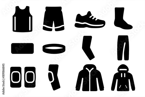 Basketball Apparel Icons. Solid style icons of Basketball apparel: jersey, shorts, sneakers, socks, sweatband, headband, compression sleeve, warm-up jacket, warm-up 
