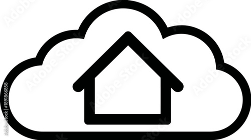 Black graphic depicting a house within a cloud, symbolizing cloud storage or home connectivity