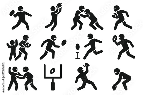 American Football Icons. Solid style icons of American Football actions: pass, catch, tackle, run, kickoff, punt, touchdown, field goal, interception, block, sack, snap No 