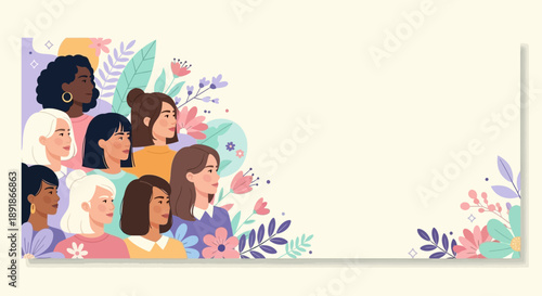Diverse Women Celebrating International Womens Day with Floral Accents.
